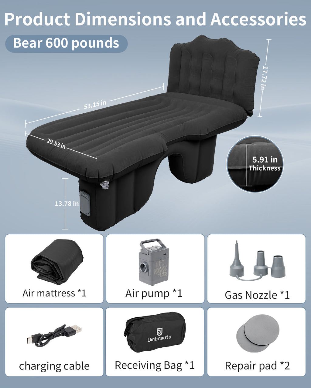 Umbrauto Cordless Back Seat Car Air Mattress with Built-in Pump