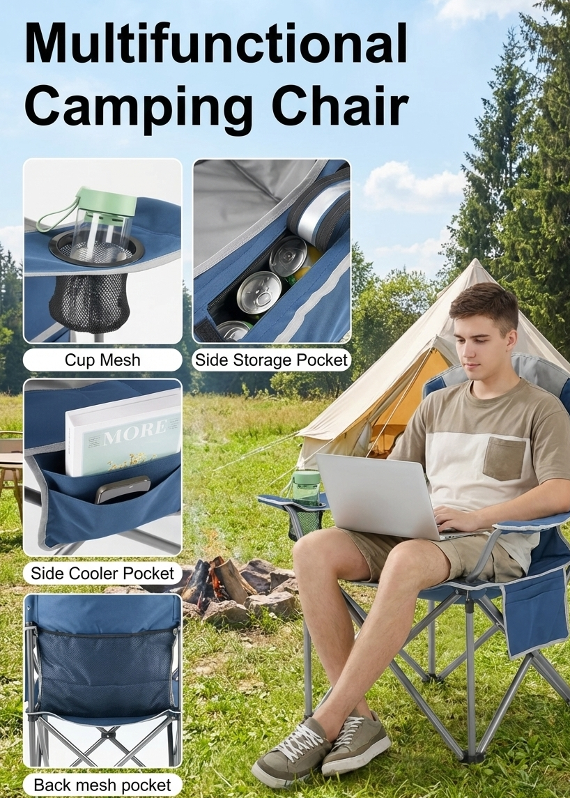 Heavy-Duty 500 lb Folding Camp Chair with Cooler Bag