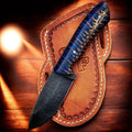 The Jesse James – Custom Handmade Acid Washed Rasp Steel Knife with Blue Epoxy Pine Cone Resin Handle & Leather Sheath