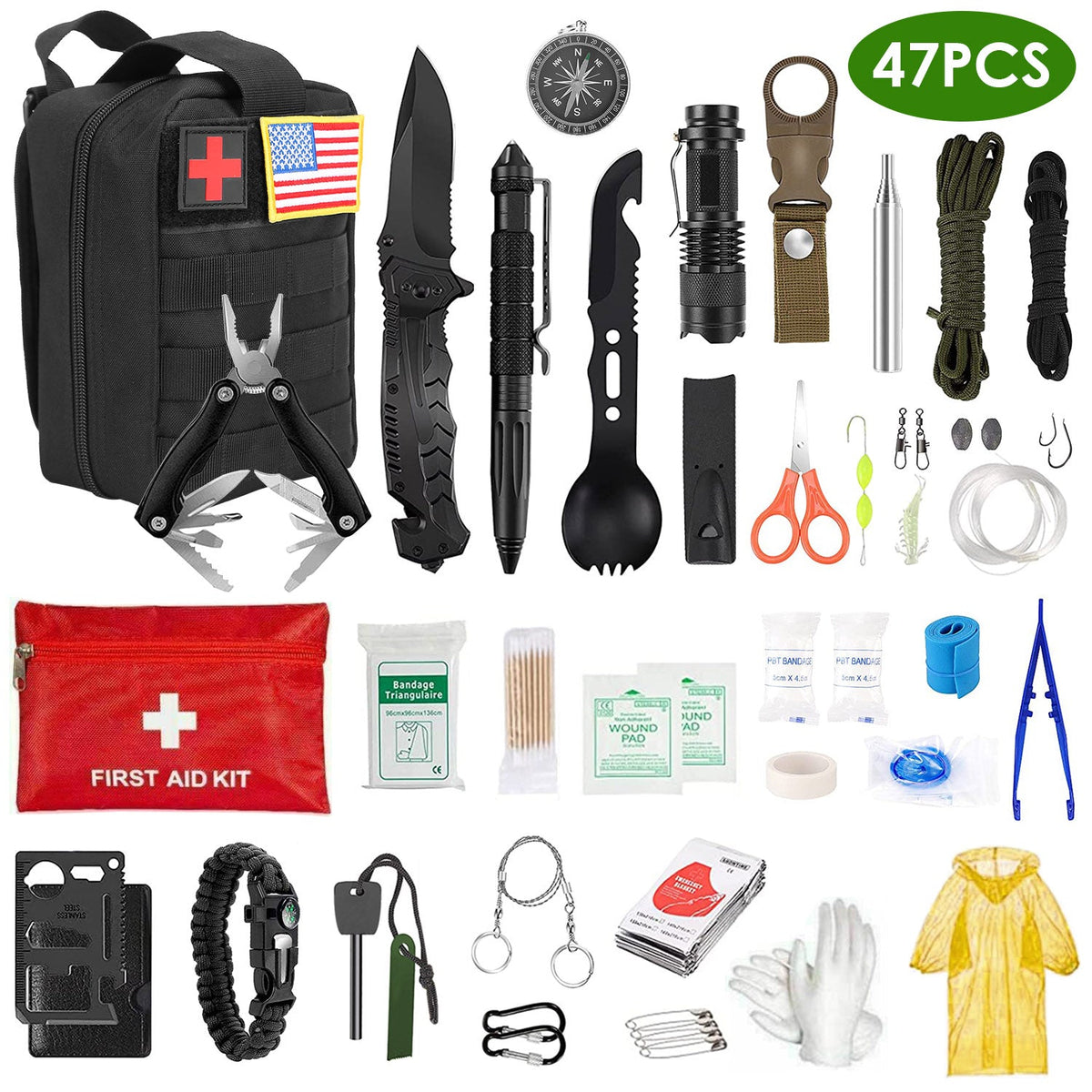 47-Piece Emergency Survival Kit with First Aid & Pouch