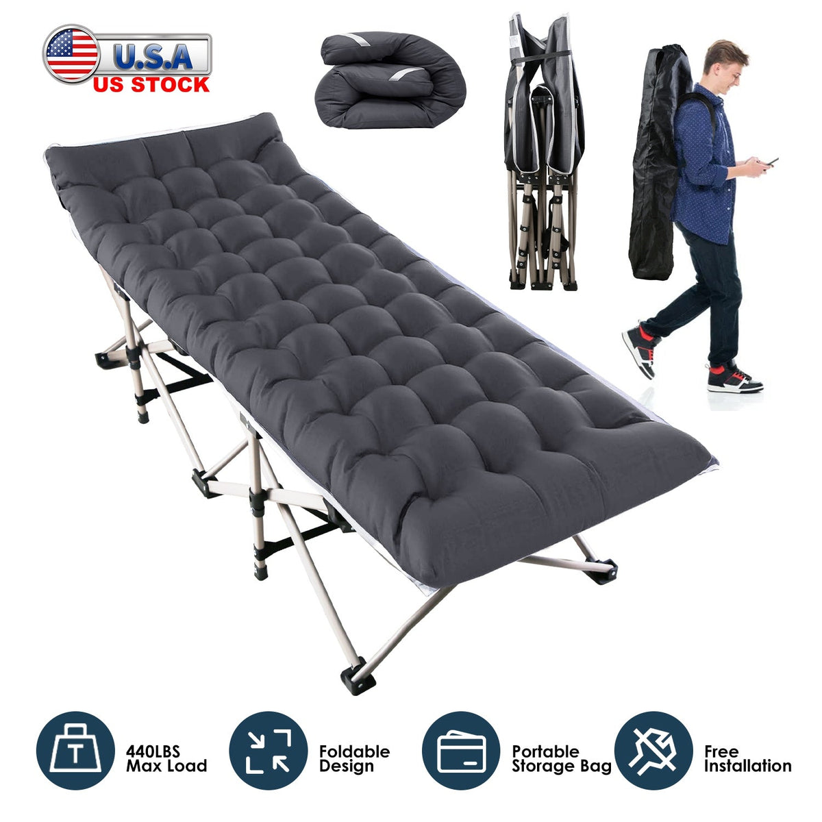 Folding Camping Cot Portable Sleeping Camping Bed Collapsible Travel Camp Cots Guest Bed Cot with 2-Sided Soft Pad 440LBS Max Load