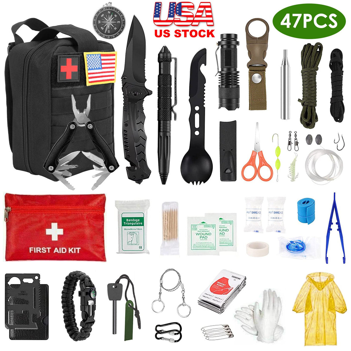 47-Piece Emergency Survival Kit with First Aid & Pouch