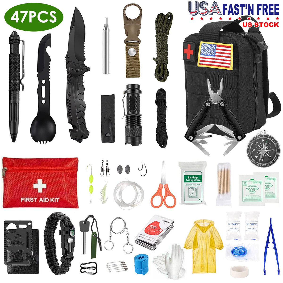 47-Piece Emergency Survival Kit with First Aid & Pouch