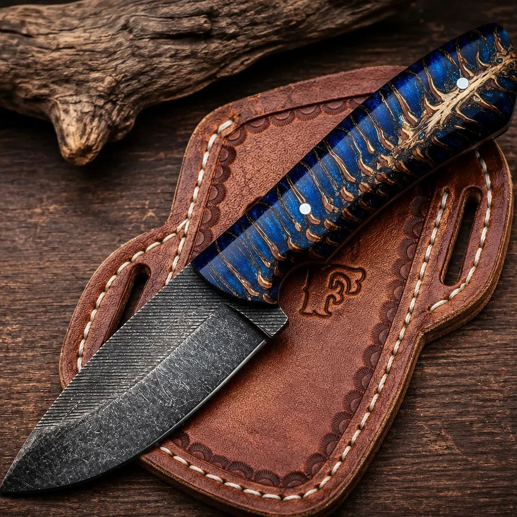 The Jesse James – Custom Handmade Acid Washed Rasp Steel Knife with Blue Epoxy Pine Cone Resin Handle & Leather Sheath