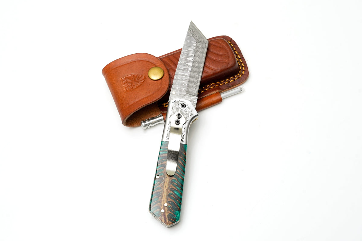 Titan Damascus Tanto Folding Knife with Sharpening Rod (TF-123)