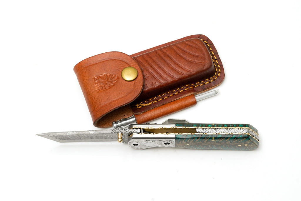 Titan Damascus Tanto Folding Knife with Sharpening Rod (TF-123)