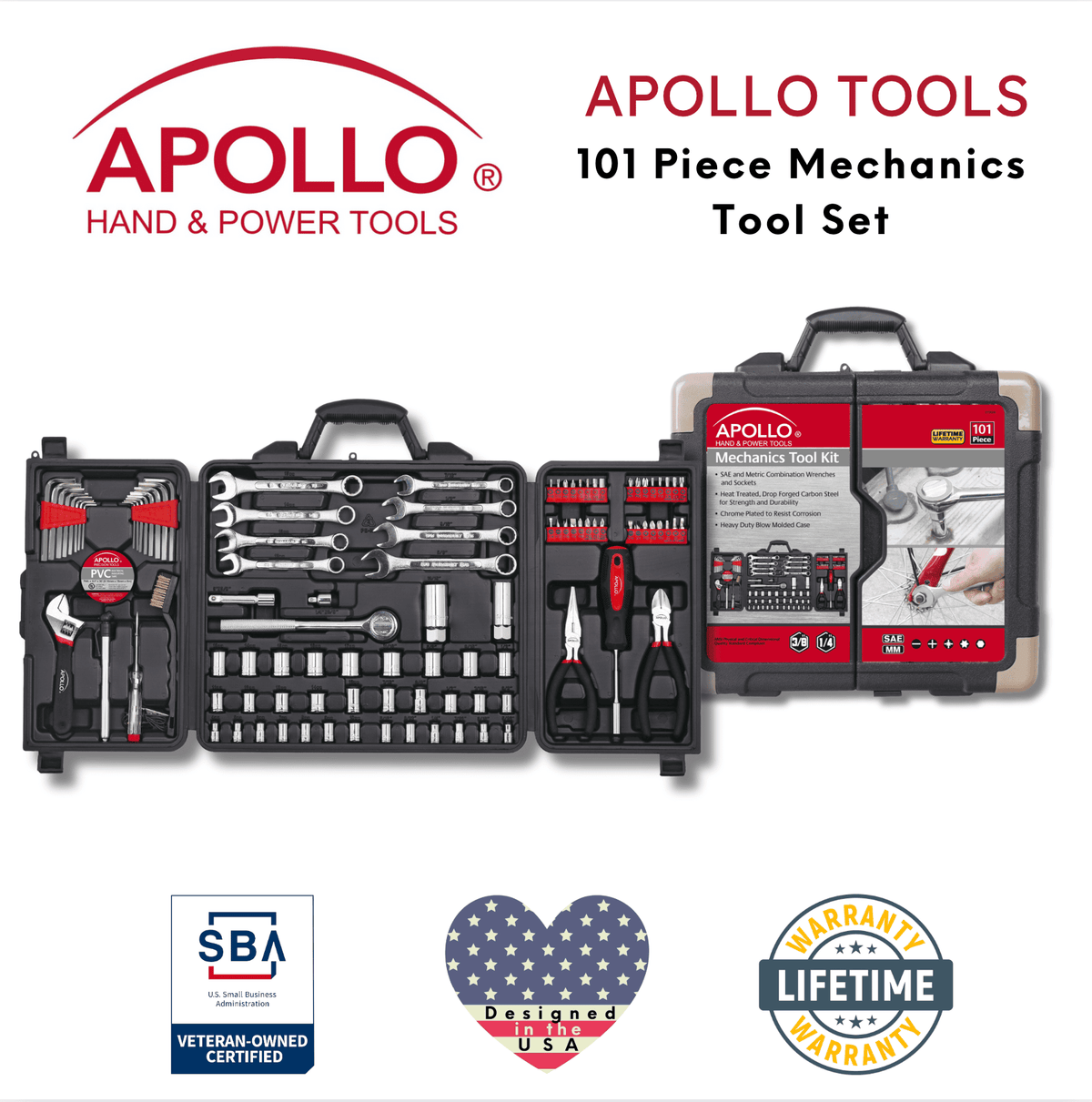 Apollo 101-Piece Mechanic Tool Set for Car, Truck & Roadside Repairs