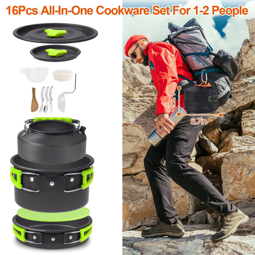 16-Piece Camp Cookware Set with Kettle, Bowls & Utensils