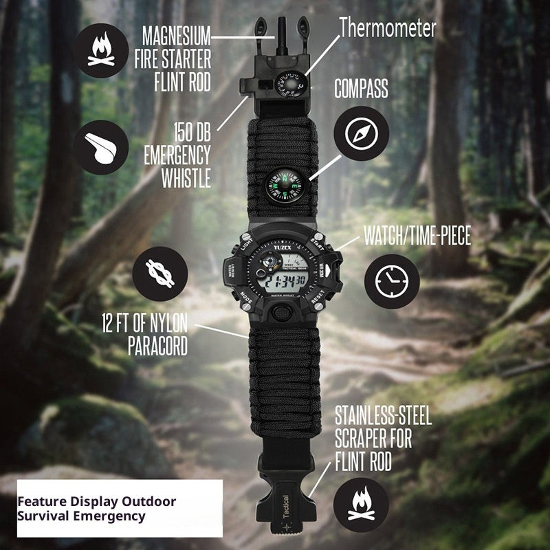 Paracord Survival Bracelet Watch with Compass, Whistle & Fire Starter