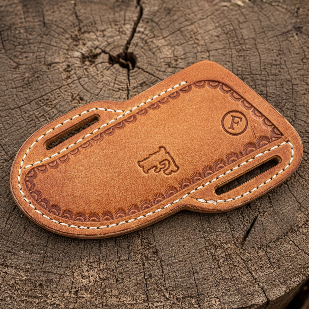 Close-up detail of hand-tooled leather sheath