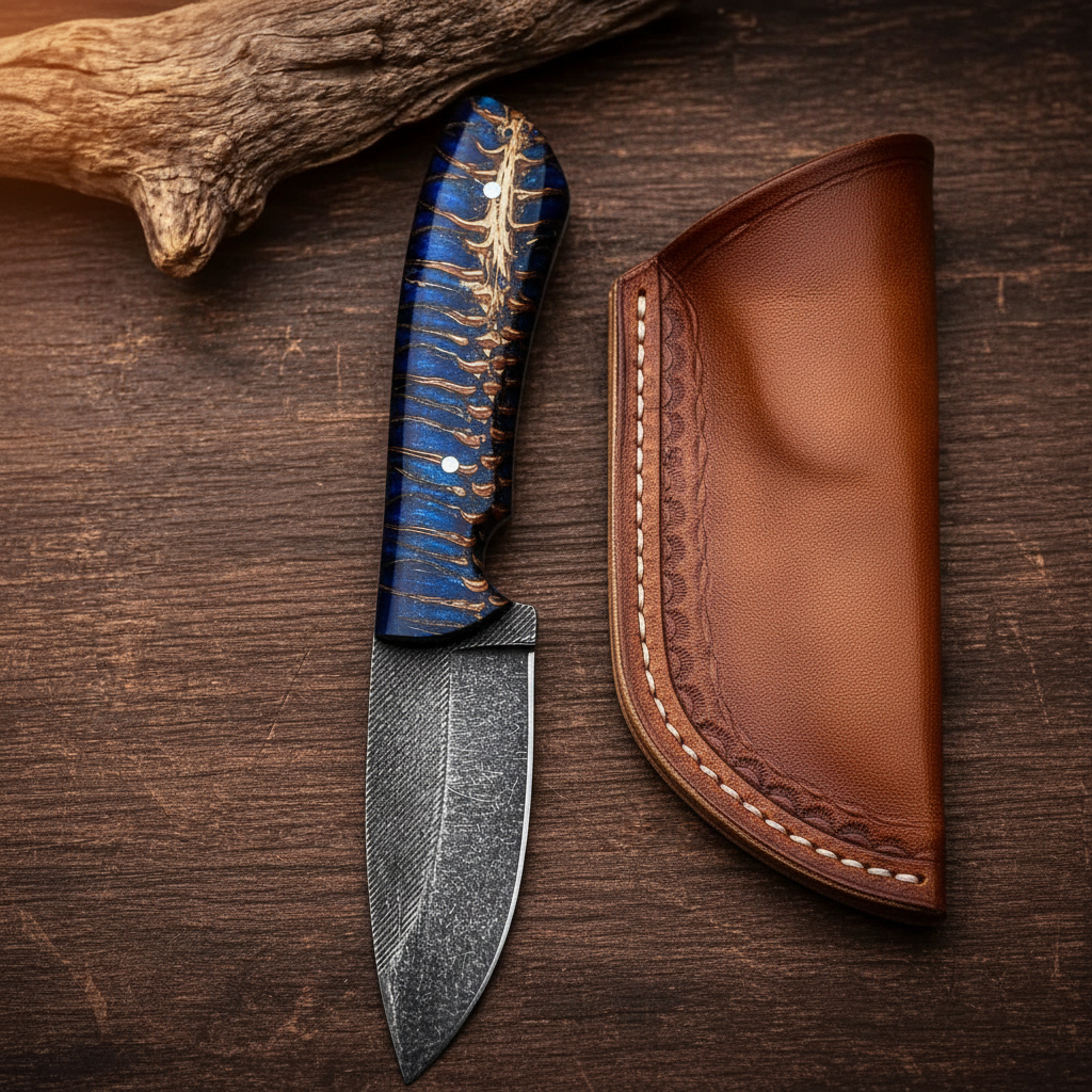 Top-down flat lay of Jesse James knife and leather sheath