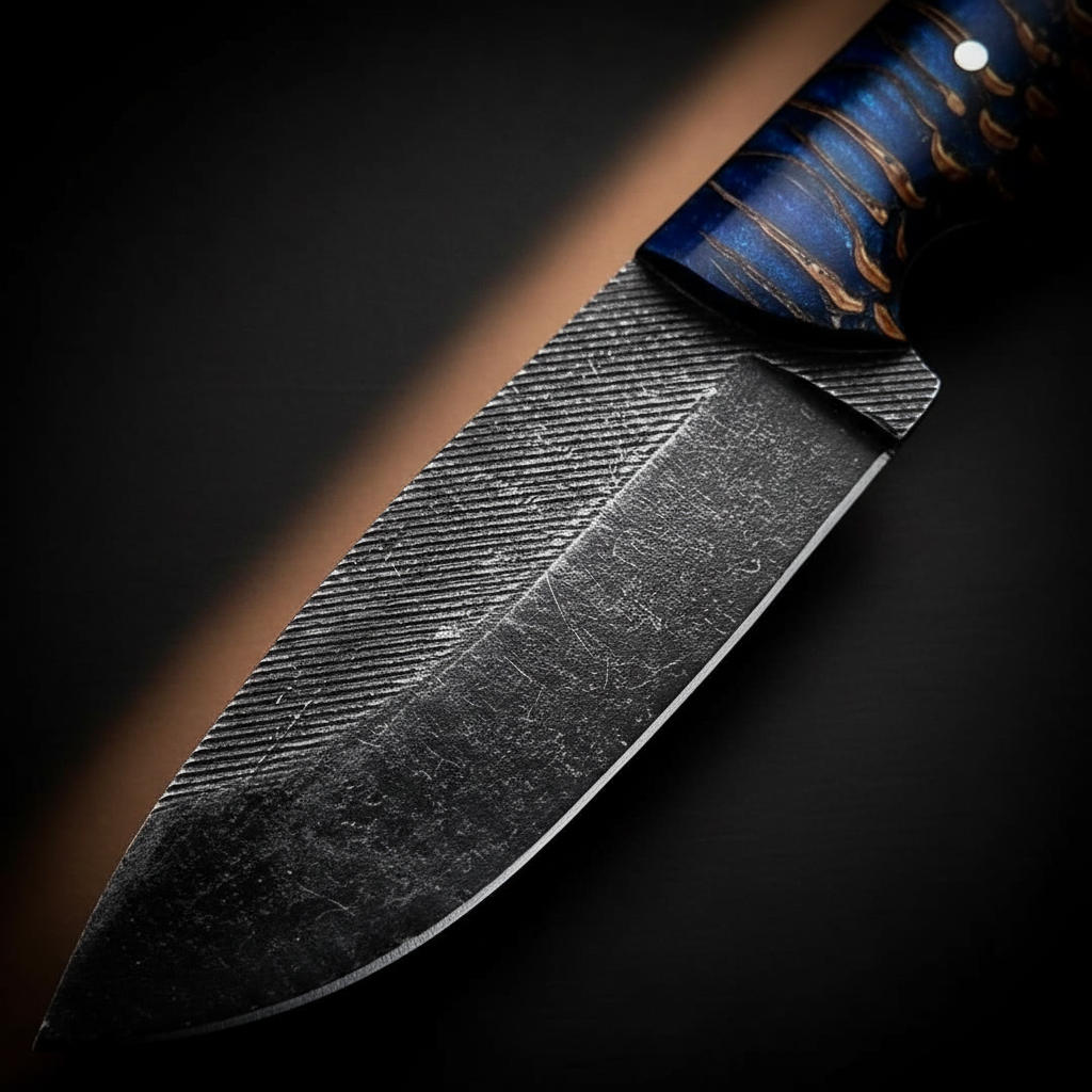 Close-up of acid-washed rasp steel blade detail